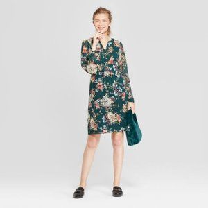 Green Floral Print Long Sleeve Chiffon Dress